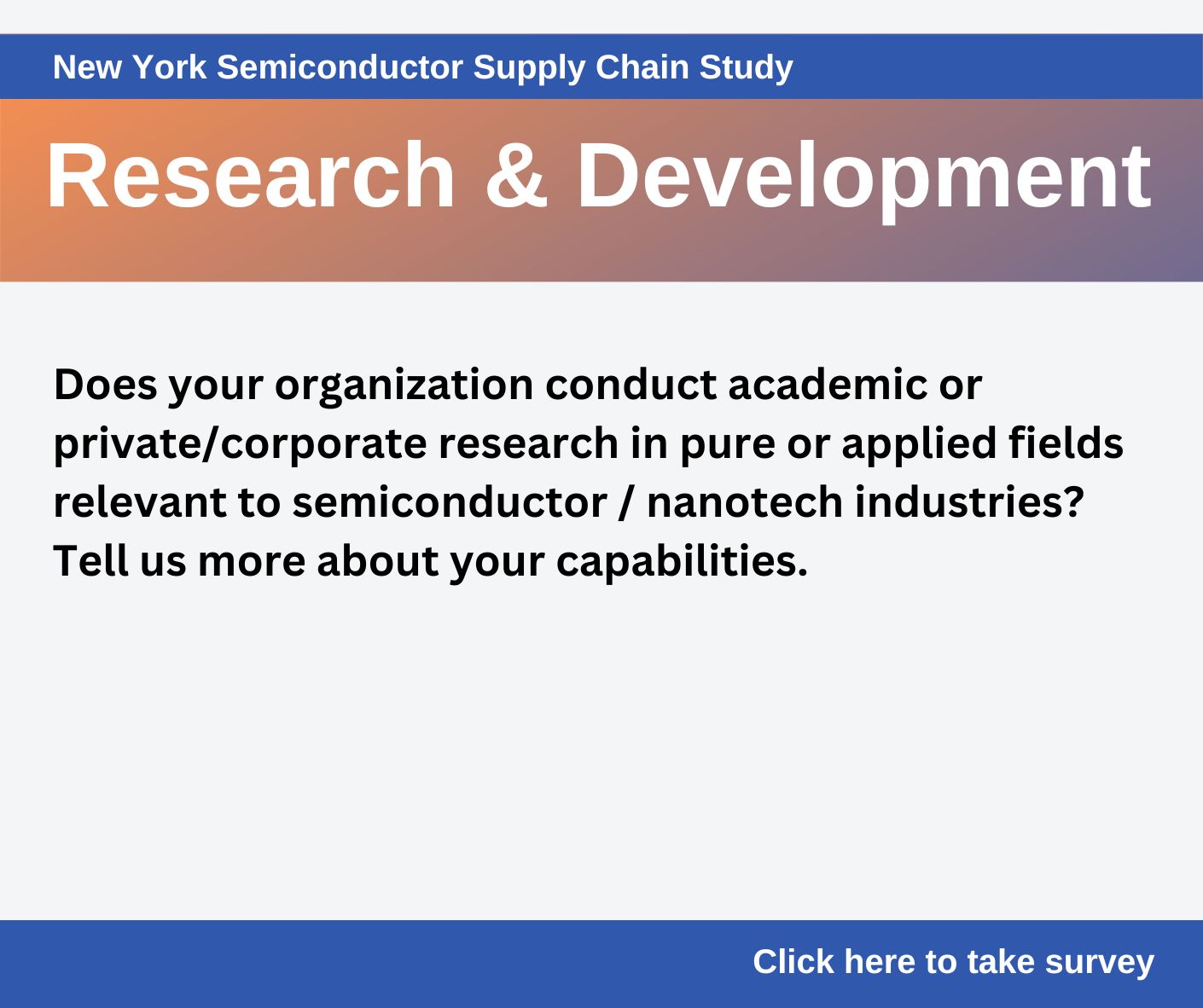 Does your organization conduct academic or private/corporate research in pure or applied fields relevant to semiconductor/ nanotech industries? Tell us more about your capabilities. Take the survey.